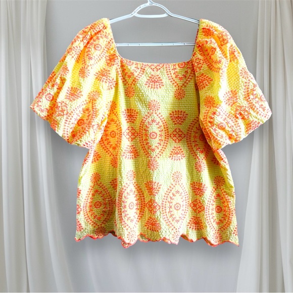 Lilly Pulitzer Lettie Eyelet Seersucker Top Yellow Neon Coral Puff Sleeves L - Picture 7 of 11